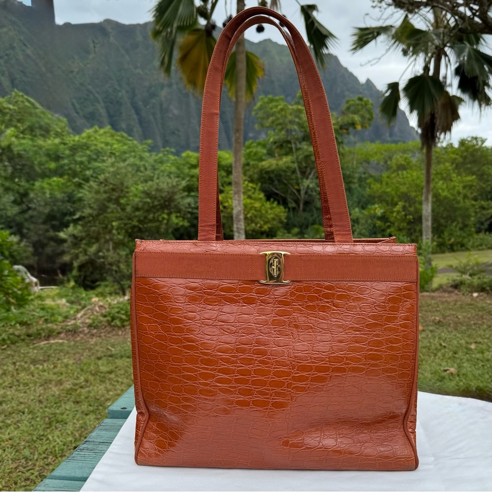 Salvatore Ferragamo Embossed Leather Tote Bag Authentic